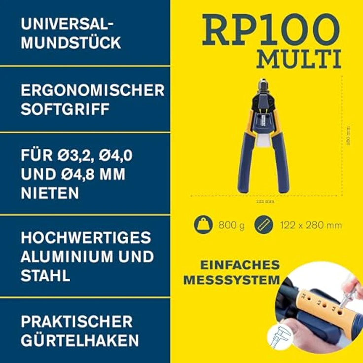 Rapid RP100 Multi Blindnietzange, 3,2-4,8mm, ergonomischer gummierter Griff, integrierter Auffangbehälter, geringerer Kraftaufwand – Bild 2