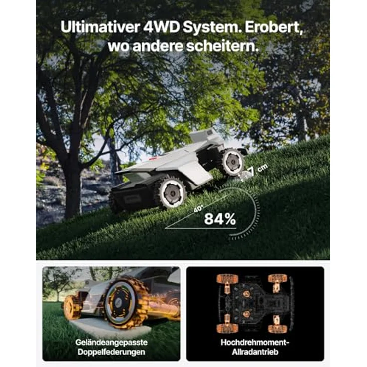 Segway Navimow X420, Mähroboter mit Garage X, für 2000 m², Zero-Turn AWD für 84% Steigungen, NRTK, 360° Vision, 25-95 mm Schnitthöhe, 12 Messerklingen – Bild 3
