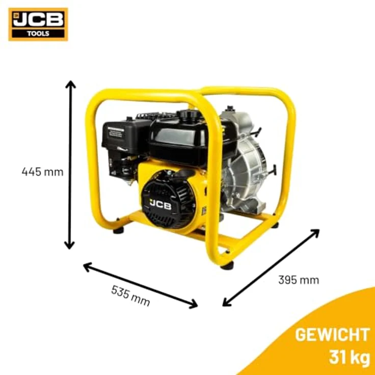 JCB Schmutzwasserpumpe WP80TP24-KPL, 7,5 PS, 224 cm³, 3,6 L Tankvolumen, inkl. 2x Storz 75 mm Kupplungen, gelb-silber-grün – Bild 5