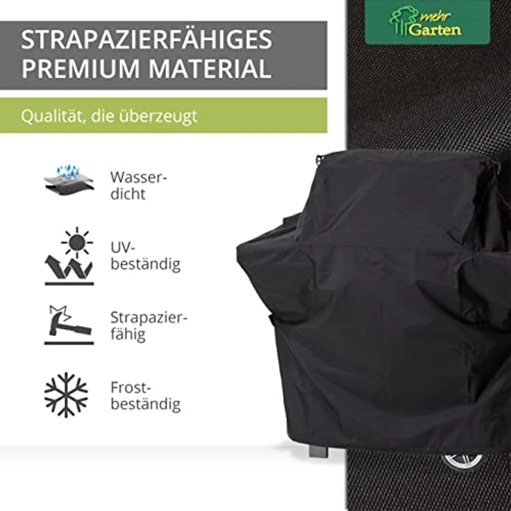 Mehr Garten – Premium Gasgrill-Abdeckung Trapez: 137(B) x62(T) x117(H) cm I Abdeckhaube für Gasgrill wasserdicht und wetterfest aus Oxford 600D Gewebe I Grillhaubenabdeckung I Schwarz – Bild 3