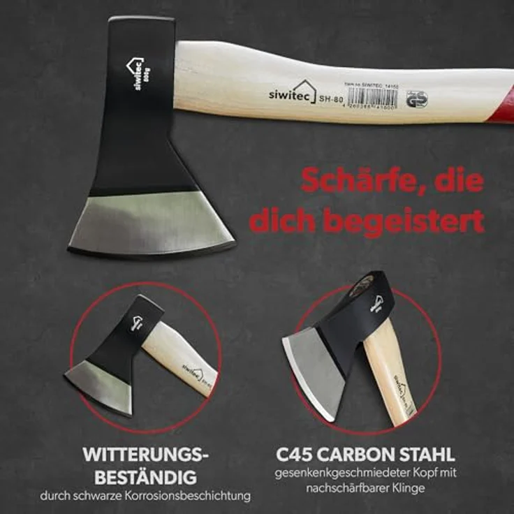 siwitec Holzaxt SH-80, Spaltaxt mit 800 Gramm Kopfgewicht, Axt zum Holz spalten mit Hickory-Stiel und C45 Carbon Klinge, Beil, Universalaxt – Bild 4