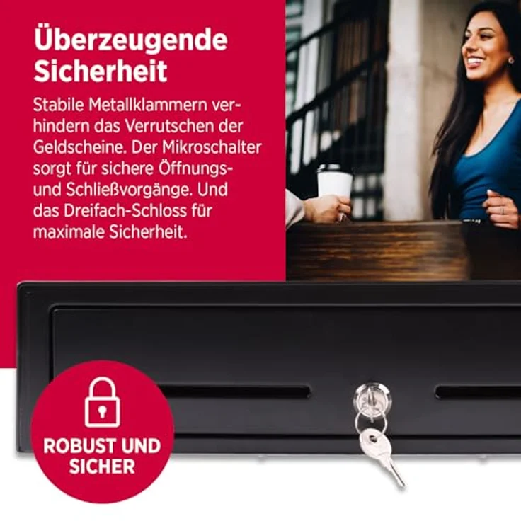 Olympia LD 410A Kassenschublade | Abschließbare Geldkassette mit Einwurfschlitz | 8 Münz- & 4 Scheinfächer + RJ12-kompatibel | Metallgeldbox für Handel & Gastronomie, Schwarz – Bild 4