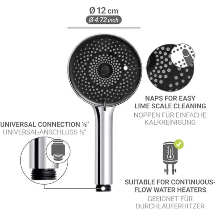 WENKO Softwater Duschkopf, Handbrause mit 3 Strahlarten, Ø 12 cm, mikrofeine Düsen für sanftes Wasser, spritzarm und leise – Bild 5