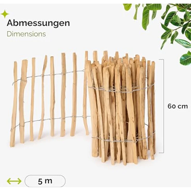 Garronda Gartenzaun GD-0079, hochwertiger Haselnuss Holz Steckzaun, 60 cm hoch, 5m lang, Lattenabstand 3-5 cm – Bild 2