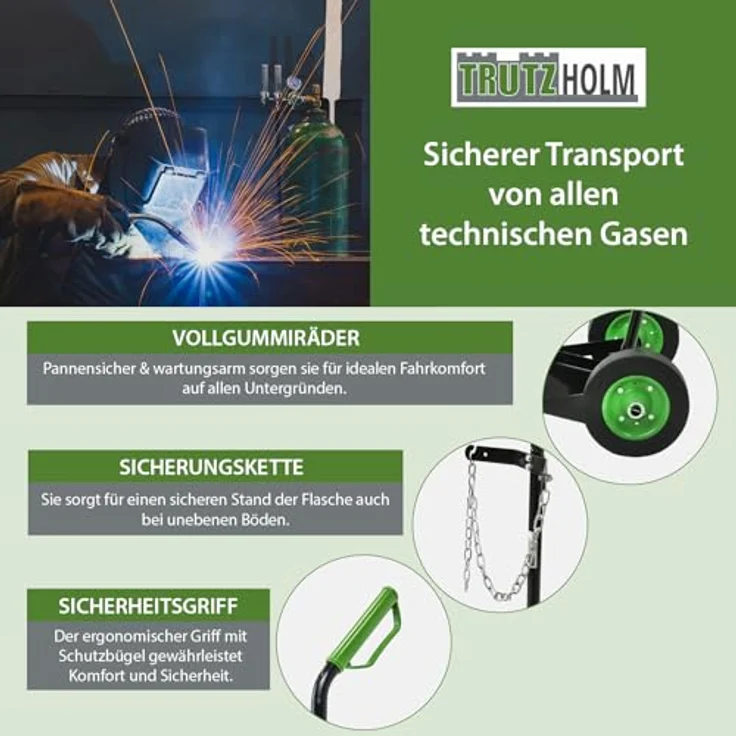 TRUTZHOLM Gasflaschenkarre, Sackkarre aus pulverbeschichtetem Stahl mit Handschutzbügel & Sicherungskette, 100 kg Traglast, für den Transport von technischen Gasen – Bild 4