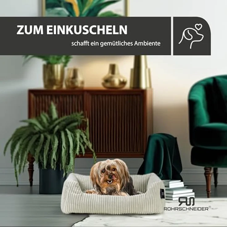 Rohrschneider® Hundebett waschbar für kleine und mittelgroße Hunde mit Hundekissen Cord (ca. 55x42 cm) inkl. Gassibeutel (Beige, Cordstoff breit) – Bild 5