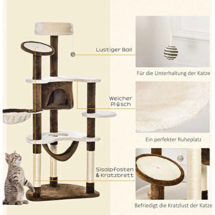 PawHut Katzenbaum Kletterbaum Kratzbaum Höhle Spielbaum Sisalsäulen, Kaffeebraun – Bild 5