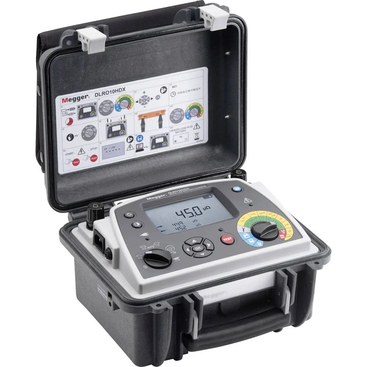 Megger DLRO10HDX, digitales 10-Amp-Mikroohmmeter mit 2,5 kΩ Messbereich, IP54, LCD-Display, wiederaufladbare Batterie im robusten Hard Case