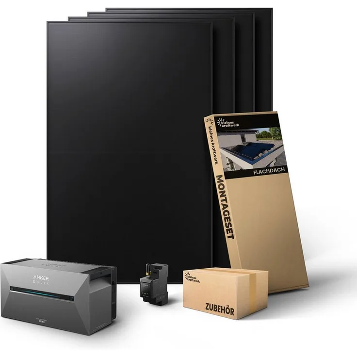Kleines Kraftwerk Quattro 1920 W Balkonkraftwerk, Komplettset mit 2,7 kWh Speicher, 4 x 480W Monokristallin Solarmodule, Anker Solarbank 3 Pro