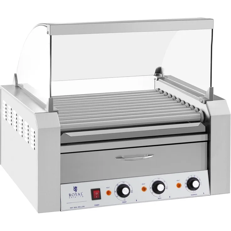 Royal Catering Elektrogrill Hot Dog Grill Edelstahl Rollengrill Würstchengrill 11 Rollen 2600 W - Profi Wurstwärmer für bis zu 20 Hot Dogs / Hot Dog Brötchenwärmer / Edelstahl / 2600 W