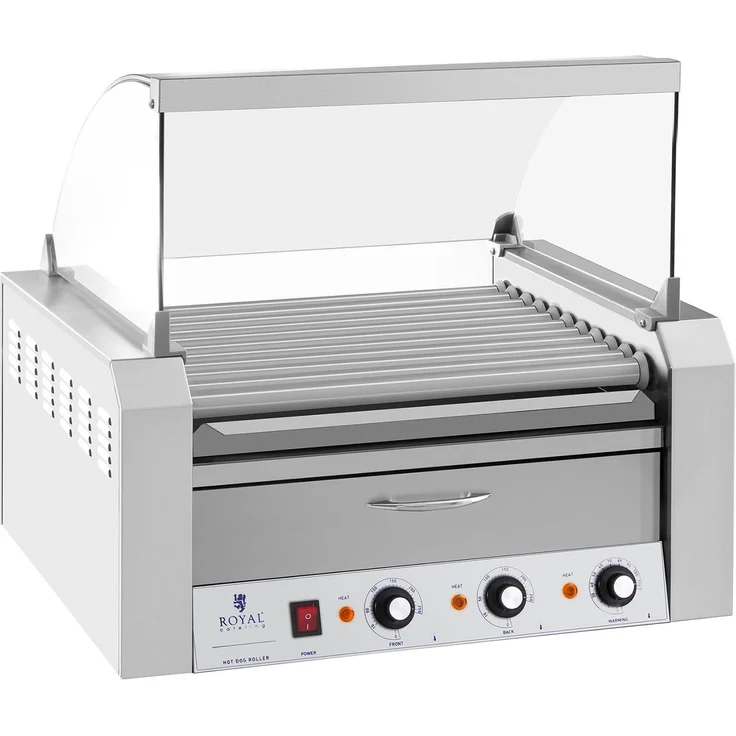 Royal Catering Elektrogrill Hot Dog Grill Edelstahl Rollengrill Würstchengrill 11 Rollen 2600 W - Profi Wurstwärmer für bis zu 20 Hot Dogs / Hot Dog Brötchenwärmer / Edelstahl / 2600 W