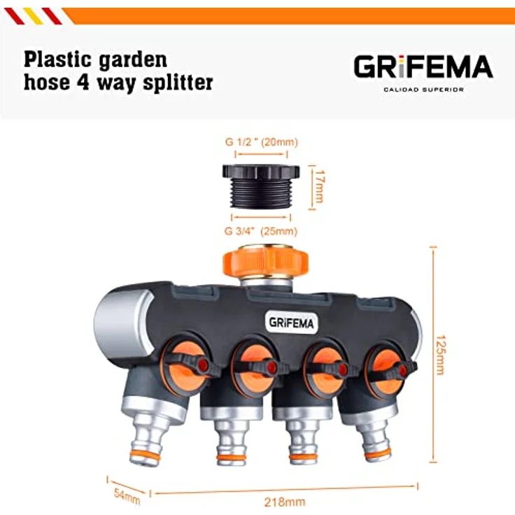 GRIFEMA 4-Wege-Verteiler, 3/4 Zoll und 1/2 Zoll Wasseranschluss Verteiler, 4 Geräte Können Gleichzeitig Verbunden Werden, Einstellbarer Wasserdurchfluss – Bild 2