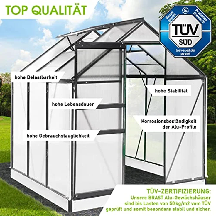 BRAST® Gewächshaus Aluminium mit Fundament rostfrei 38 Modelle 190x190x195cm - 490x250x235cm TÜV geprüft 6mm Platten 190x190x195cm Grau – Bild 2