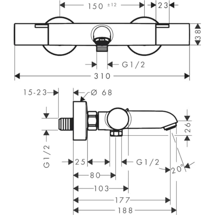 hansgrohe Ecostat Fine Wannenthermostat, Aufputz mit 2 Verbrauchern, Ausladung 177 mm, Temperatur- und Volumenregelung, SafetyStop – Bild 6
