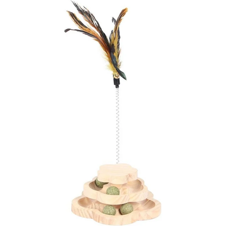 DUVO+ Spin 'n Play Flower, Tier-Intelligenzspielzeug aus Kiefernholz mit Katzenminze-Bällen, 16,5 x 16,5 x 7,3 cm