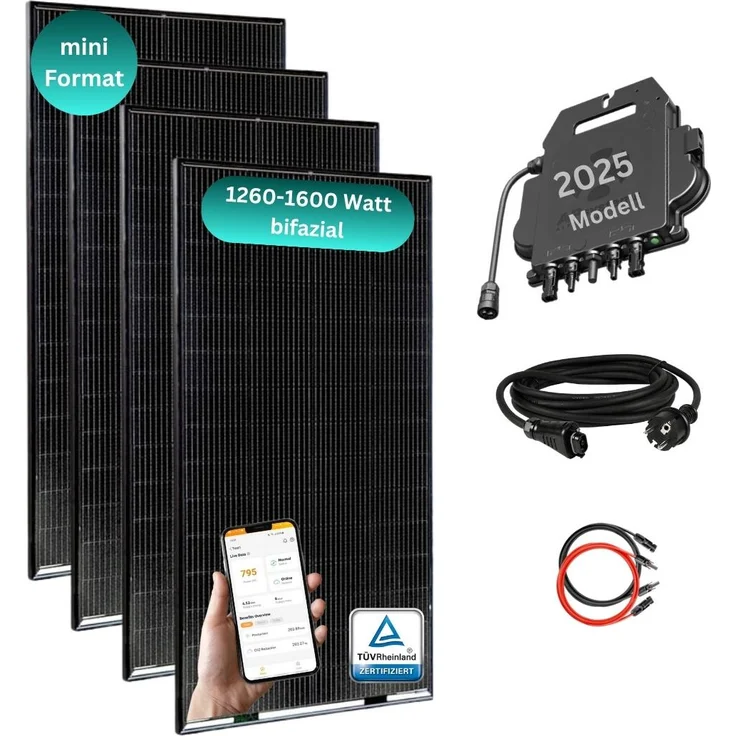 MyVoltaics Balkonkraftwerk MyBasic 1260+ Watt, Mini-Format 1,65m x 0,88m, 4x 315+ Watt bifaziale Glas-Module, WLAN Wechselrichter, steckerfertig, 5m Anschlusskabel