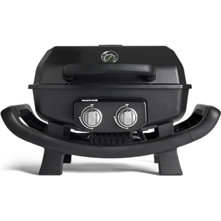 BURNHARD 2-Brenner Gasgrill Wayne 4,4 kW – Tragbarer Balkongrill - Tischgasgrill klein mit Aludruckguss Brennkammer inkl. Abdeckhaube - Gusseisen Grillrost, Schwarz