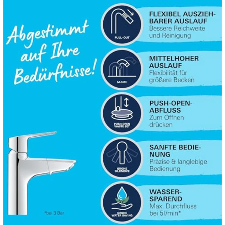 Grohe QuickFix Start Waschtischarmatur, ein Loch, herausziehbarer Auslauf, Metallhebel, Chromoberfläche, EcoJoy 5,7 l/min – Bild 4