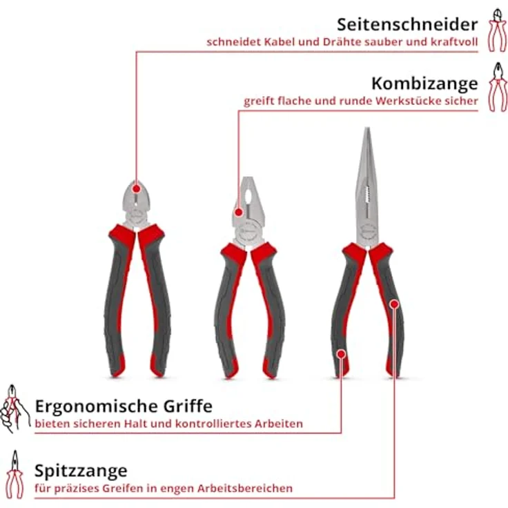 Einhell Zangen-Set 3-tlg., Seitenschneider, Kombizange, Spitzzange, Chrom-Vanadium-Stahl, ergonomische Griffe, vernickelte Oberfläche – Bild 2