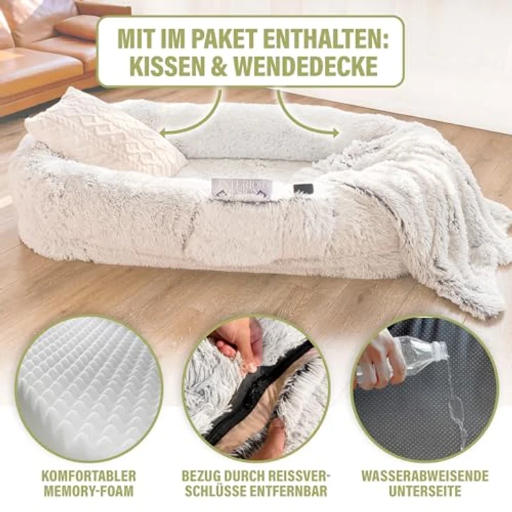 LITTLE LORD | Hundebett, Hundekorb XXL-Bett Ceddie für sehr große Hunde, hellgrau 190 x 105 x 30cm, Schlaf-Set für Mensch & Tier - inkl. Decke & Kissen – Bild 3