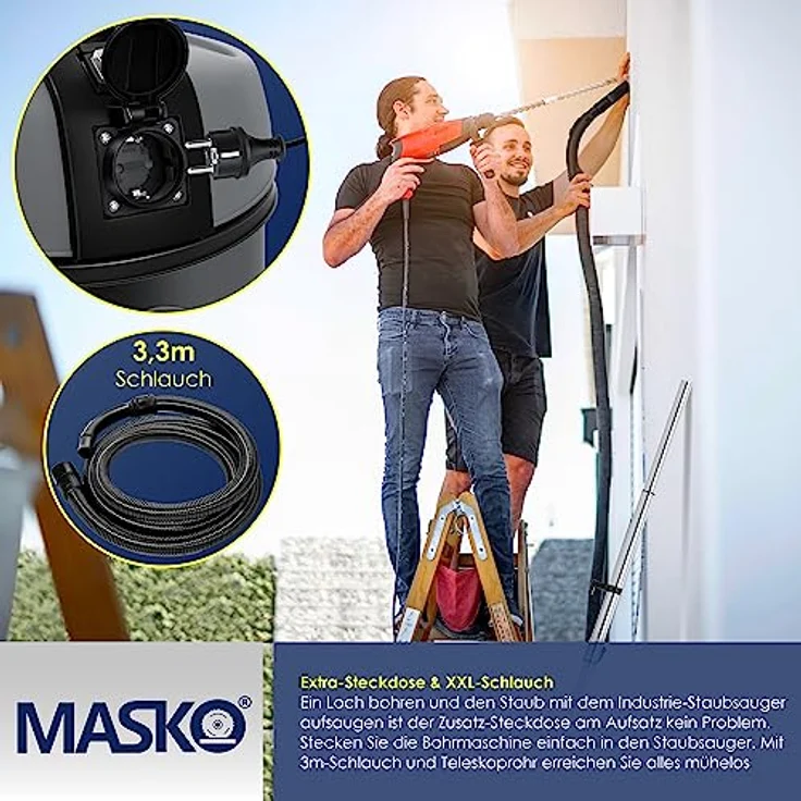 Masko® Industriestaubsauger Staubsauger Nass Trocken Sauger Edelstahl 2300W + Steckdose | Blasfunktion | Trocken-Saugen & Nass-Saugen | Push&Clean | Industrie-Sauger mit & ohne Beutel | beutellos – Bild 4