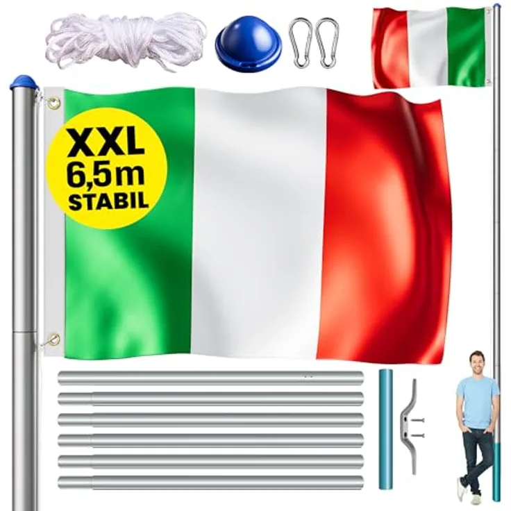 monzana Aluminium Fahnenmast 6,50m, Teleskop mit Seilzug und Flagge 150x90cm, wetterfest, inkl. Bodenhülse und Schutzkappe