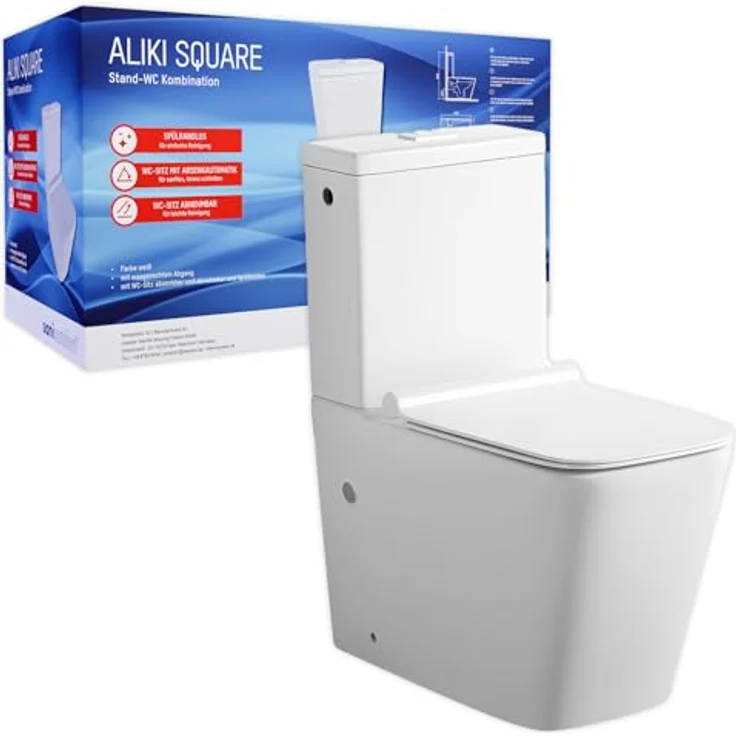 sanicomfort Stand-WC Kombination Aliki Square, spülrandlos, inkl. Soft-Close WC-Sitz und waagerechtem Spülkasten, hygienisch und modern – Bild 1