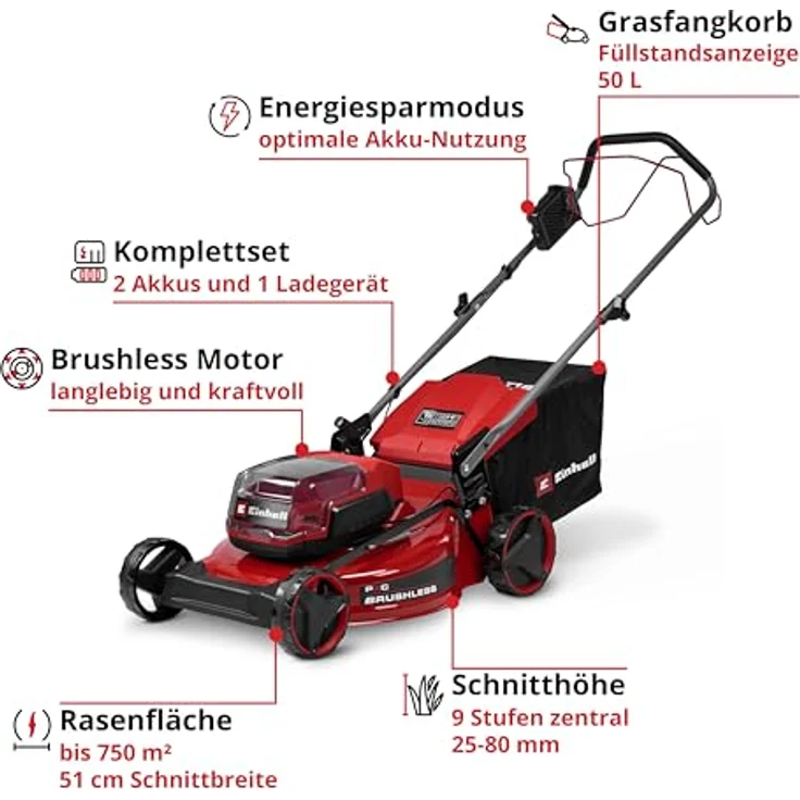 Einhell Akku-Rasenmäher 'GC-CM 36/51 S Li BL', geeignet für Flächen bis 750 m², bürstenloser Motor, stufenlose Geschwindigkeitsanpassung, 9-stufige Schnitthöhenverstellung, inkl. Akku und Ladegerät – Bild 4