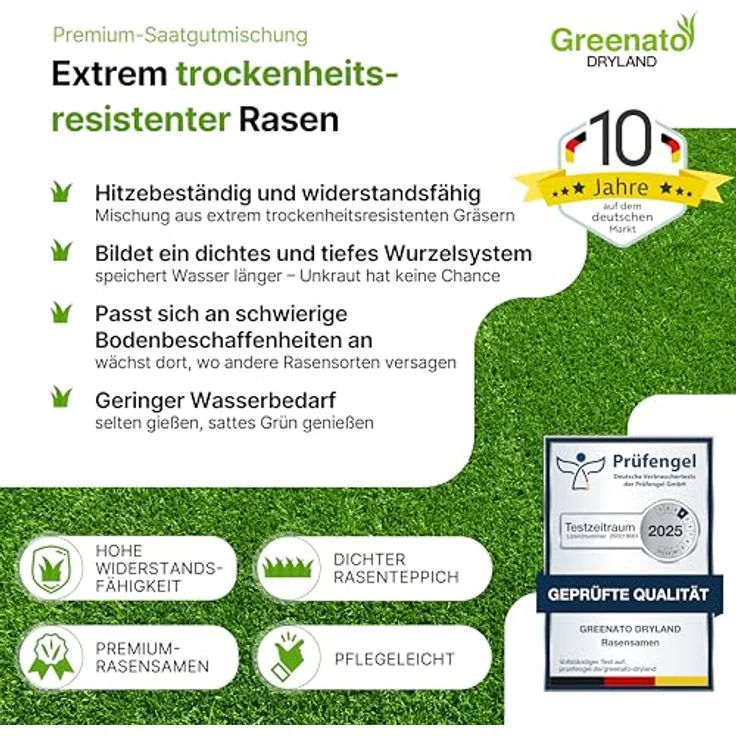 Greenato Dryland Trockenrasen 10kg, trockenresistenter Rasensamen, schnellkeimend für Frühjahr und Herbst, ideal für 400 m² – Bild 2