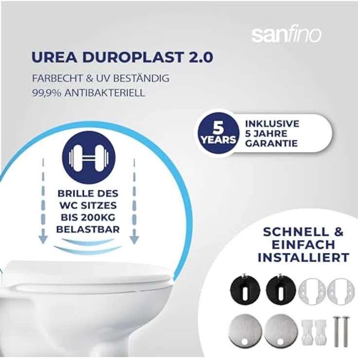 Sanfino Duroplast WC-Sitz Curvo, mit absenkautomatik, antibakteriell und abnehmbar, Weiß – Bild 2