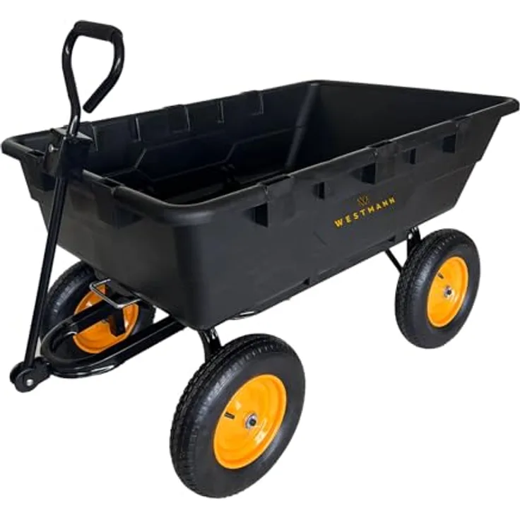 Westmann Prakta L Gartenwagen, Kunststoffkarre mit Kippfunktion, 225 L Volumen, 400 kg Tragkraft, luftbereifte Räder und Zugstange