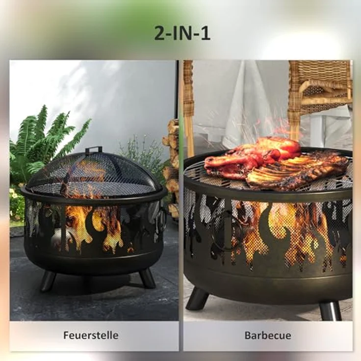 Outsunny 2-in-1 Feuerschale Feuerkorb Feuerstelle mit Funkenschutz Grillrost für Garten BBQ Metall Schwarz Ø61 x 55 cm – Bild 3