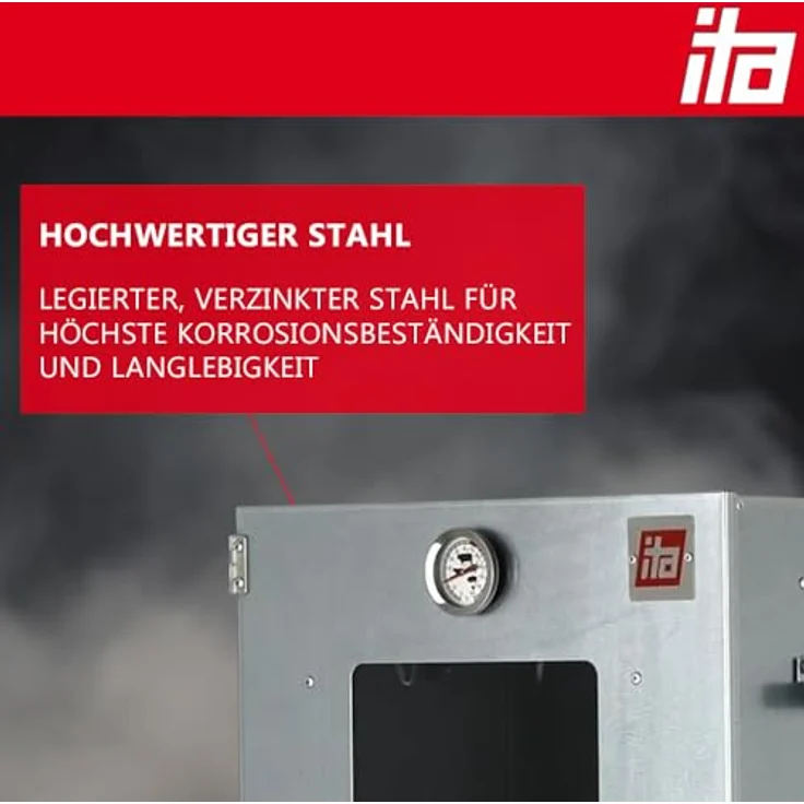 ITA Räucherofen 7000, Premium Räucherschrank aus legiertem Stahl mit 3 Etagen, Sichtfenster & Thermometer, für Kalträuchern & Heißräuchern, EU Qualität – Bild 4