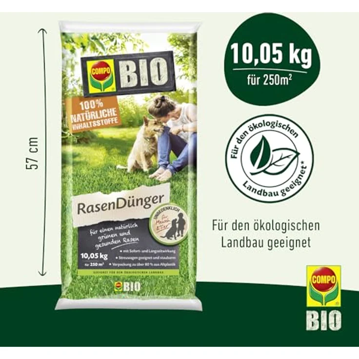 Compo Bio-Rasendünger 10,05 kg, 100% natürliche Inhaltsstoffe, für 250 m², sofort- und langzeitwirksam, staubarm, unbedenklich für Mensch und Tier – Bild 3
