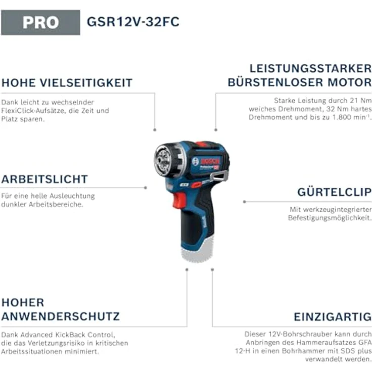 Bosch Professional GSR 12V-32 FC, Akku-Schrauber mit FlexiClick System und Advanced KickBack Control – Bild 3