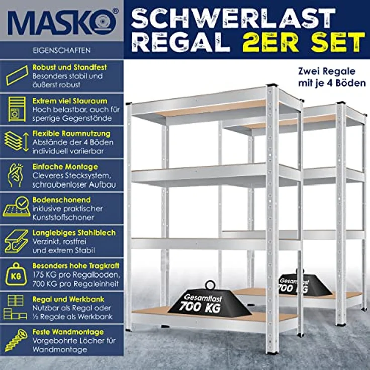 MASKO 2er-Set Lagerregal Schwerlastregal, Kellerregal , bis 875 kg belastbar, 5 verstellbare Ablagen, MDF-Platten Regal aus Metall, Steckregal, Werkstattregal, Keller, Garage 2x 160x80x40cm 4-Böden, 2x Silber 700kg – Bild 3