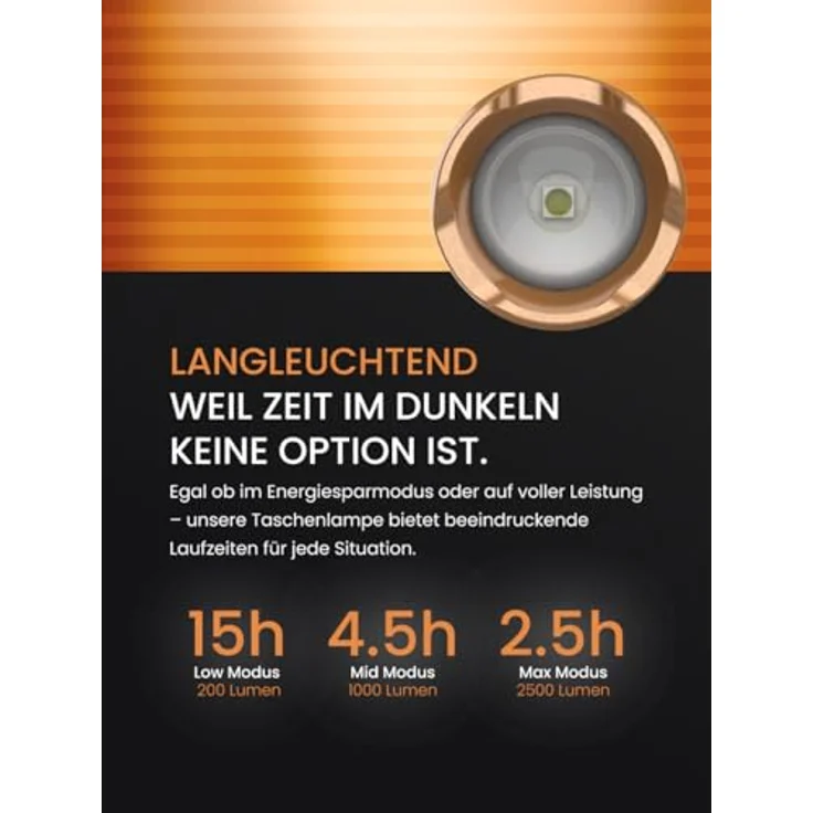 Duracell LED Taschenlampe DF2500R Pro, 2500 Lumen, fokussierbar, 200m Leuchtweite, USB-C wiederaufladbar, 21700 Li-Ion Akku, spritzwassergeschützt, inkl. Geschenkbox – Bild 4