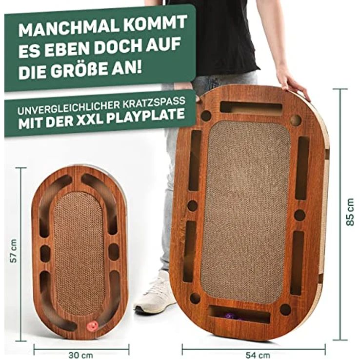 CanadianCat Company | XXL Katzenspielplatz 85 x 54 x 5,8 cm mit integrierter Kratzpappe, interaktives Katzenspielzeug Kratzbrett in Holzoptik Kratzkarton – Bild 5