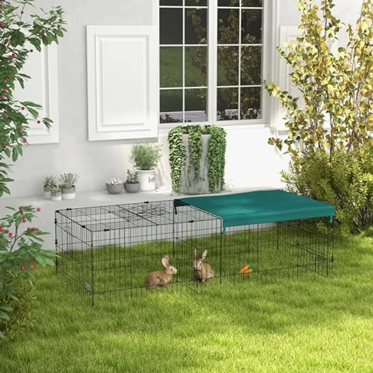 PawHut Kleintierkäfig, Haustier-Laufstall mit 5 Türen, Kaninchenstall, Kleintierlaufstall mit Dach, für draußen, 185 x 75 x 50 cm, Grün – Bild 2