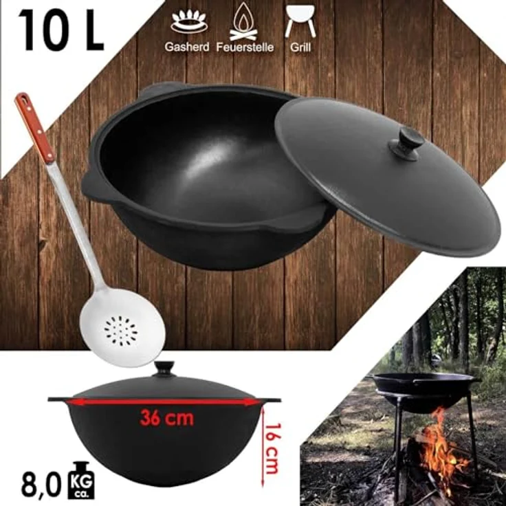 4BIG.fun Wok Gusseisen 10 L (rund) Kazan mit Schaumkelle NAMANGAN Uzbek Asia WOK Cast Iron Camping Usbek Grillwok Gusstopf - Aluminiumdeckel - Schwarz – Bild 2