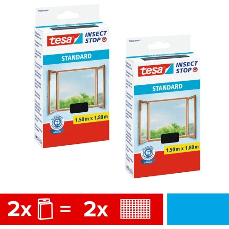 tesa Insect Stop STANDARD Fliegengitter für Fenster im 2er Pack - Insektenschutz zuschneidbar - Mückenschutz ohne Bohren - Fliegen Netz anthrazit, 2x 150 cm x 180 cm - Preisvergleich – Bild 2