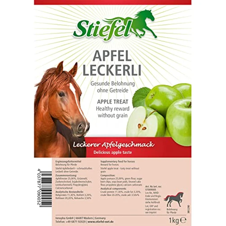 Stiefel Apfelleckerli für Pferde, getreidefreies, ges&es Leckerli mit Apfelgeschmack zur schmackhaften Belohnung, ideales Leckerli für Freizeit-, Sport-, Leistungs- & Zuchtpferden, 1kg – Bild 5