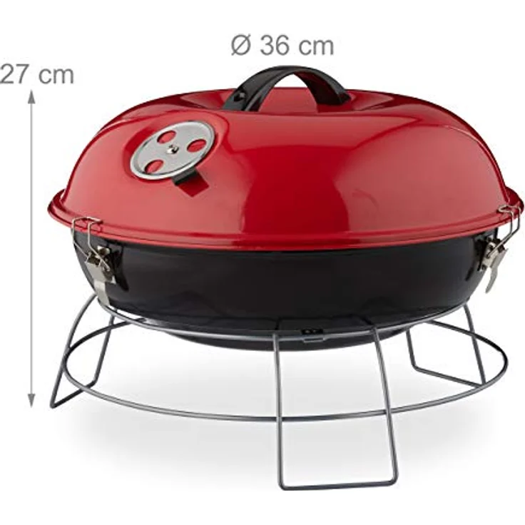 Relaxdays Kugelgrill, tragbar, mit Deckel, leckeres BBQ, Picknickgrill mit großer Holzkohlegrillfläche, Holzkohle, Ø36cm, rot – Bild 5