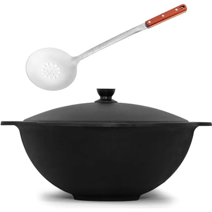 4BIG.fun Kazan aus Gusseisen 10 L NAMANGAN Kasan Uzbekisch mit Aluminium Deckel und Schaumkelle in Schwarz - Gusstopf für gleichmäßiges Kochen und braten – Bild 1