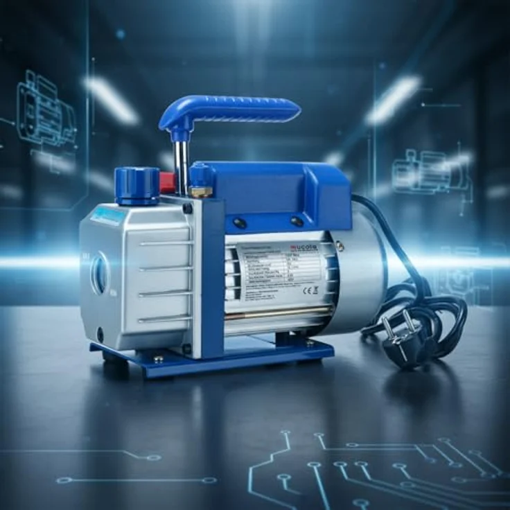 Mucola Vakuumpumpe Unterdruckpumpe für Klimaanlagen, 70 L/min, Aluminiumgehäuse, Silber/Blau, inkl. Ölflasche – Bild 2