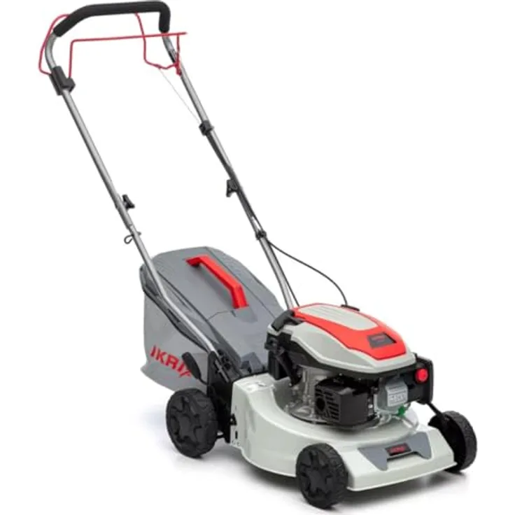 Ikra Benzin-Rasenmäher IPLM 1442, 2,6 kW mit 42 cm Schnittbreite, grau/rot, Radantrieb, 40 L Fangkorb, zentral höhenverstellbar