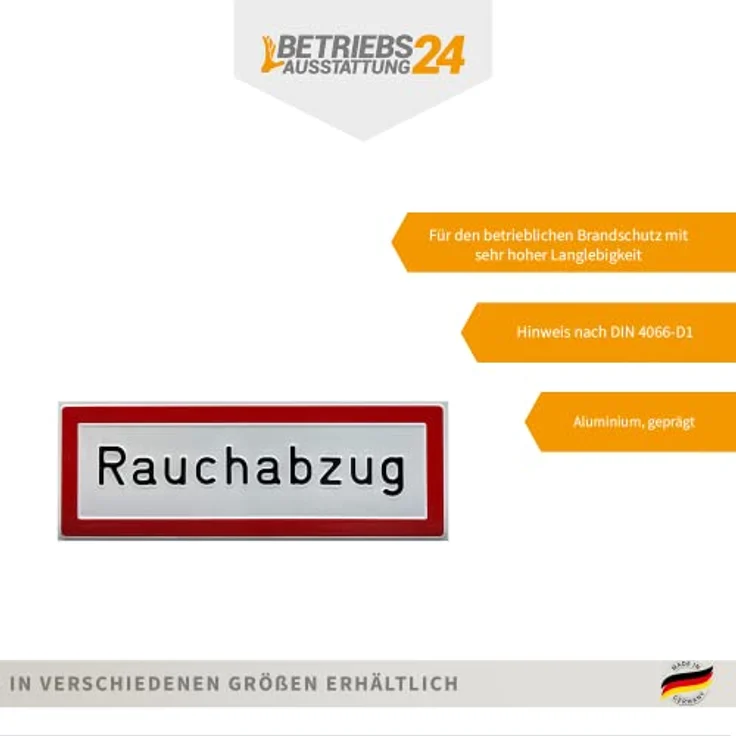 Betriebsausstattung24® Hinweisschild „Rauchabzug“, Aluminium 14,8 x 5,2 cm, Befestigung zum Verschrauben, kratzfest und witterungsbeständig, Brandschutzhinweis nach DIN 4066-D1 – Bild 3