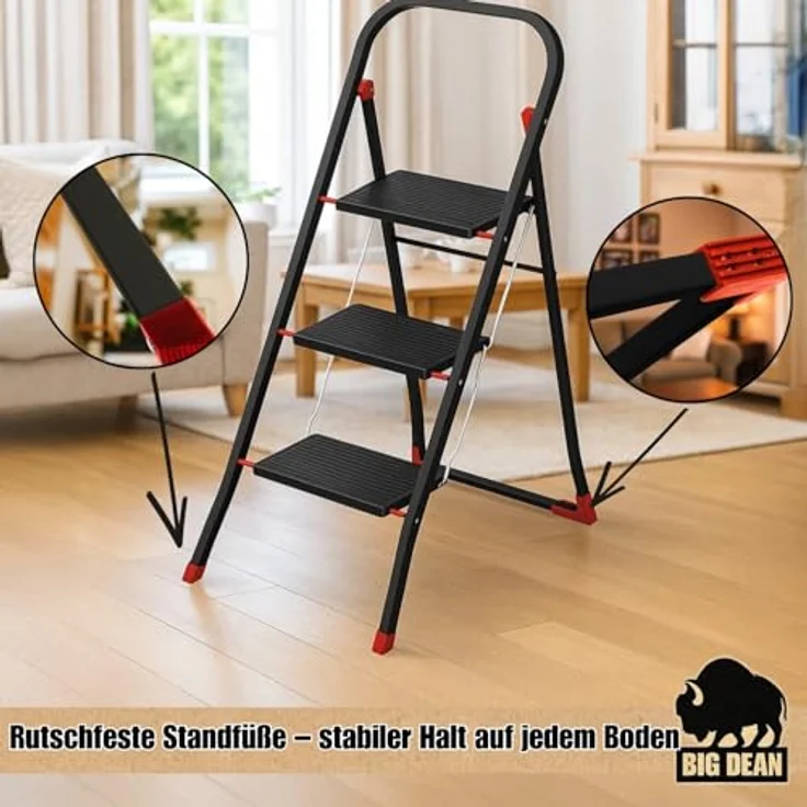 BigDean Trittleiter 3 Stufen klappbar, TÜV geprüfte Sicherheit, bis 150 kg belastbar, rutschfester Stand, schwarz – Bild 4