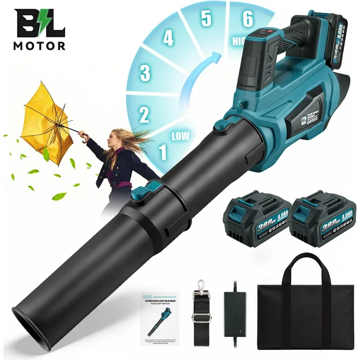 Bundviel Akku Laubbläser BL-M90, Bürstenloser Motor 90m/s, 2x 4000mAh Akkus, 5 Stufen + Turbomodus, für Winterdienst und Gartenarbeit