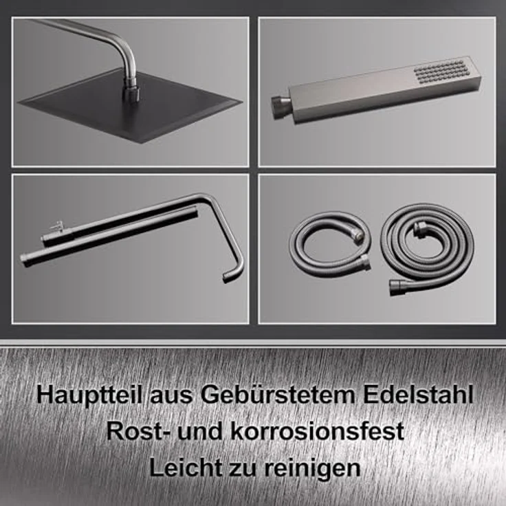 Görbach Regendusche Duschsystem ohne Armatur, Eckig 20x20 cm, Edelstahl, Gunmetal Grau, höhenverstellbar, mit Handbrause und Massiv Messing Umsteller – Bild 3